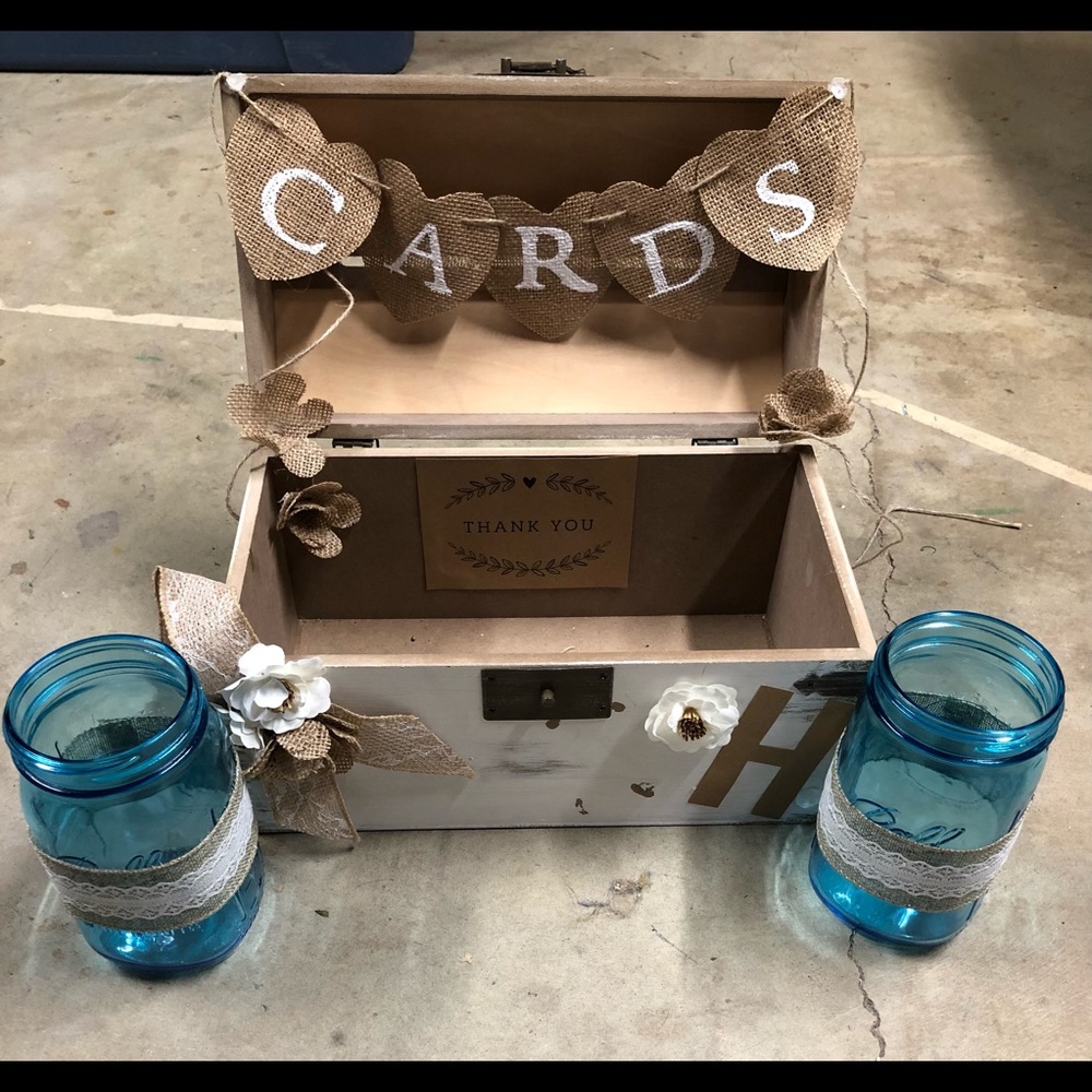Rustic wedding Card box/trunk with Blue Jars